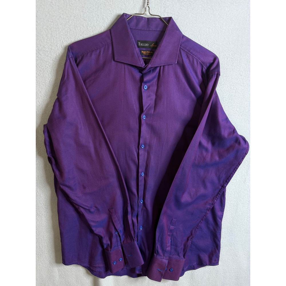 Tiglio Luxe Dress Shirt Men's 18‎ 36/37 Purple Geometric Pattern 100% Cotton